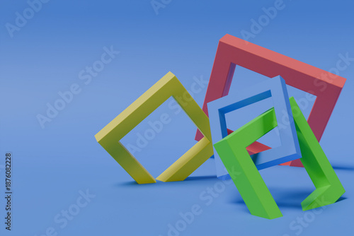 Abstract 3d render illustration of colorful interlocking square frames on a blue background. Minimalist geometric design representing connection, networking, and creative structure
