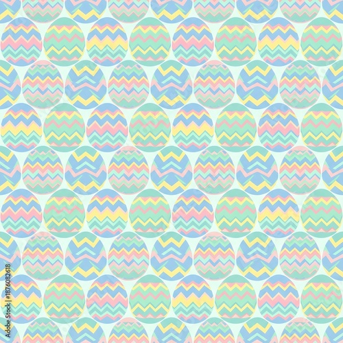 Seamless pattern of colorful Easter eggs with zigzag stripes. Spring holiday background for textile, print, or gift wrap. Festive pastel ornament.