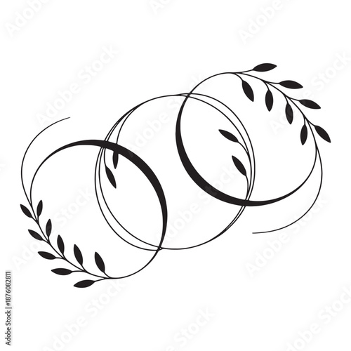 Vector Illustration of Three Intertwined Rings with Leaves, Black and White Monogram