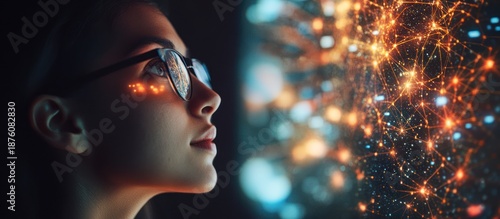 Woman explores digital network; glowing background