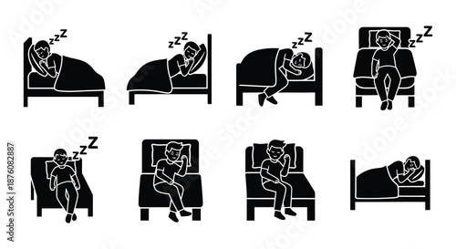A series of illustrations showing different sleeping positions and a person getting into bed