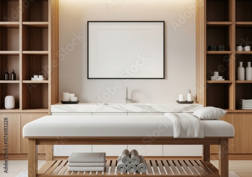 Serene spa room with a massage table, wooden shelves, and ambient lighting for relaxation