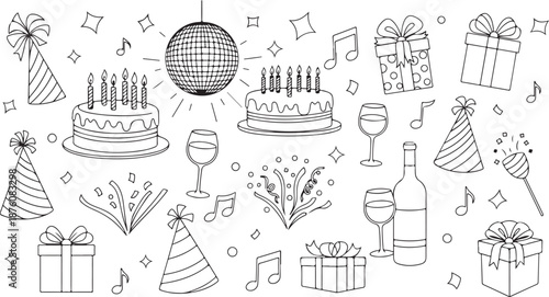 Black and white line of birthday party celebration