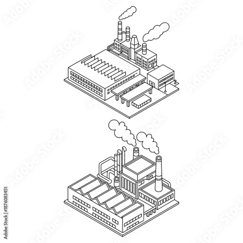 Set of 2 Isometric Factory Buildings Vector Line Icons