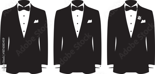 Black tuxedos with different pocket square styles suit