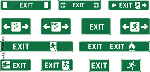 Green exit signs with various symbols and directions