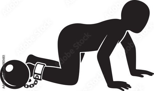Silhouette of a person crawling with a ball and chain attached to their ankle