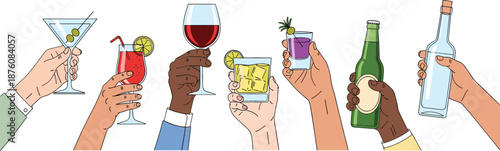 Vector illustration of diverse hands holding various alcoholic drinks including wine cocktails beer and spirits for a toast