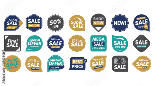 Collection of sale and offer tags for retail promotion, featuring various shapes and styles like 'Super Sale', '50% Off', 'Mega Sale', and 'Best Price' in a modern graphic design for marketing.