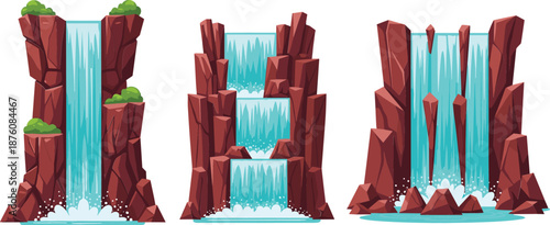 Flat vector set of various tropical waterfalls cascading down rocky red cliffs with splashes and green moss details