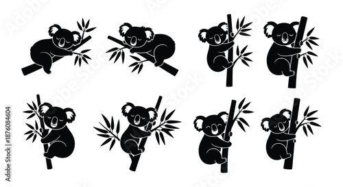 Set of koala silhouettes climbing on bamboo trees