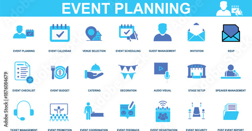Professional Event Planning Icon Set for Management and Coordination, Blue Vector Symbols for Wedding Planner, Business Conference, Catering, and Venue Scheduling UI.