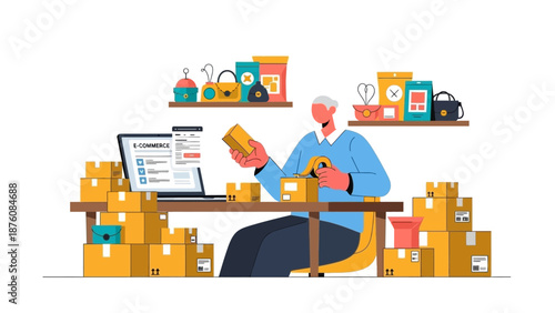 Man packing boxes and organizing products for e-commerce business with laptop and shelves