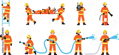 Flat vector set of firefighters in protective gear using hoses climbing ladders and performing emergency rescue operations