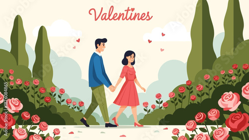 A loving couple enjoys a romantic Valentine's Day stroll, hand-in-hand, through a vibrant rose garden, celebrating affection and togetherness amidst beautiful blossoming flowers