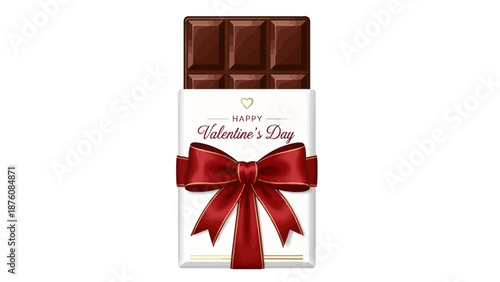 A delicious bar of dark chocolate, beautifully wrapped in a white box with a red ribbon, perfect for Valentine's Day celebrations and sweet gift-giving occasions