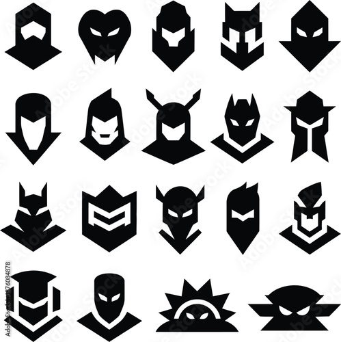 Collection of black silhouette superhero and villain mask icons with sharp geometric edges on a white background.
