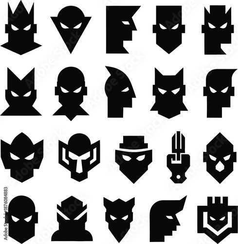 Collection of black silhouette superhero and villain mask icons isolated on a white background for graphic design.