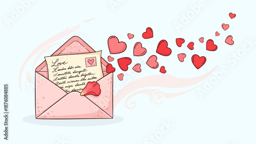 Beautiful love letter with hearts flying out of an open envelope, symbolizing romantic messages and affection