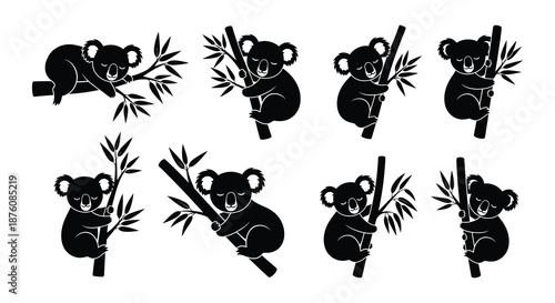 Set of koala silhouettes climbing on bamboo trees