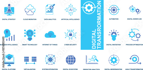 Digital Transformation Icon Set for Business Automation and AI Technology, Blue Vector Symbols for Cloud Migration, Data Analytics, Smart Systems, and Digital Strategy.