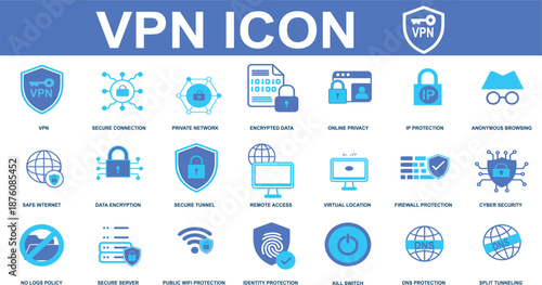 VPN and Cyber Security Icon Set for Online Privacy and Data Protection, Blue Vector Symbols for Secure Connection, Encrypted Tunnel, Firewall, and Anonymous Browsing.