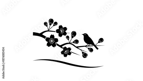 Bird sitting on a blossoming branch with flowers