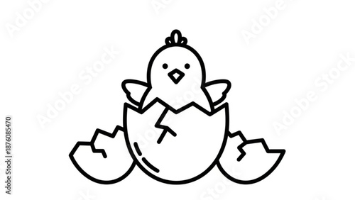 Cute chick hatching from egg black line art illustration