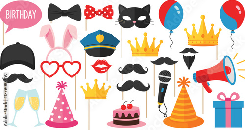 Birthday Party Photo Booth Props Vector Set with Hats, Crowns, Balloons, Masks, Cake, Gifts, and Celebration Accessories