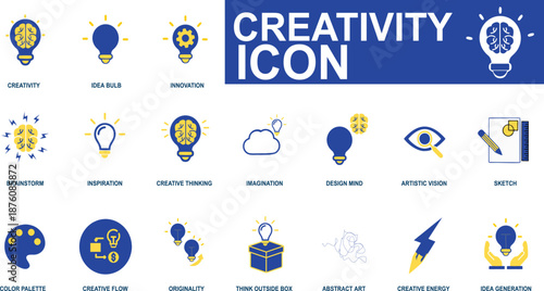 Creative Thinking and Innovation Icon Set with Light Bulb and Brain Symbols for Brainstorming, Vector Graphics for Artistic Vision, Design Mind, and Idea Generation.
