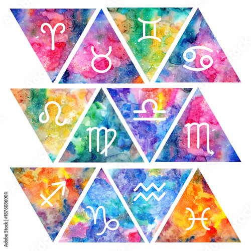 Zodiac signs set with colorful bright design. Astrology symbol. Triangle icons collection with cosmic, fire, water background, texture. Hand drawn illustration painted watercolor.