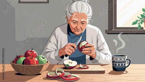Vector graphics, flat illustration of an elderly woman peeling an apple while sitting at a table indoors
