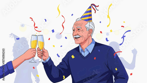 Vector graphics, flat illustration of an elderly man celebrating with a glass of champagne at a confetti party