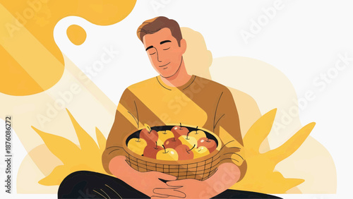 Vector graphics, flat illustration a young man with a serene expression holds a basket of apples against the background of nature