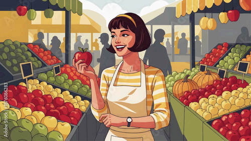 Vector graphics, flat illustration of a young woman smiling and holding an apple in her hands at a busy farmer's market