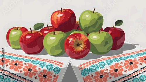 Vector graphics, flat illustration of apples laid out on a tablecloth with a floral pattern