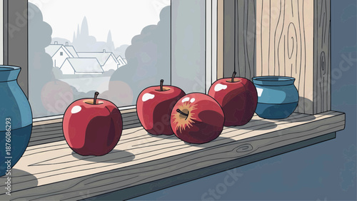 Vector graphics, flat illustration of red apples and blue vases on a wooden rustic windowsill in a cozy atmosphere