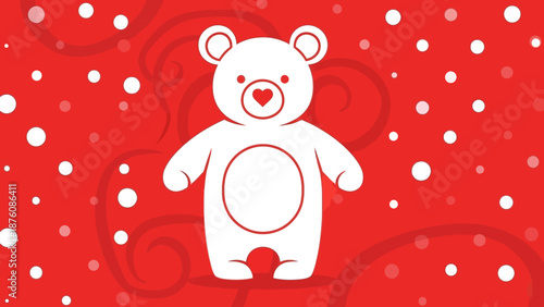 Cute white teddy bear on red background with heart and swirls