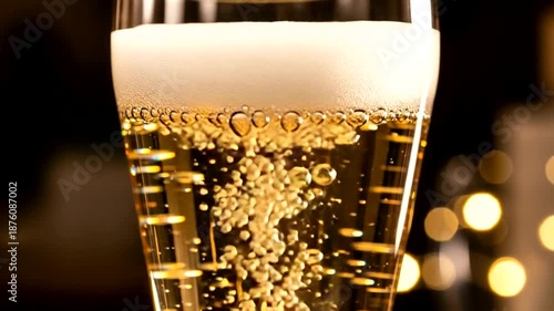 Champagne Bubbles in Glass Closeup Shot.