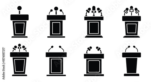 Collection of various black lectern icons with microphones