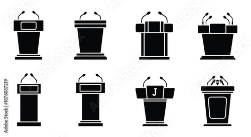 Collection of various black lectern icons with microphones