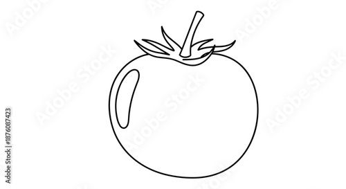 Simple line drawing of a ripe tomato with a green stem and leaves representing healthy organic food and garden produce for culinary design.