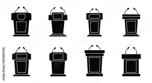 Collection of various black lectern icons with microphones