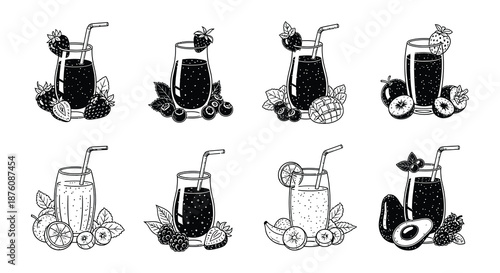 A set of eight different fruit smoothies with straws