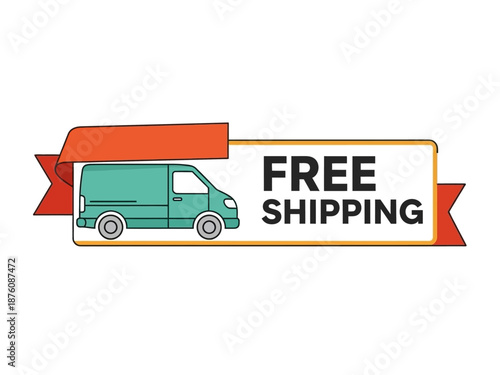 Graphic illustration of a vibrant delivery van on a banner promoting complimentary shipping services for e-commerce businesses and online shopping