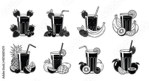 A set of eight different fruit smoothies with straws