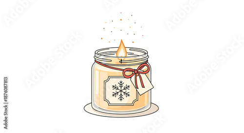 Cozy lit scented candle in a glass jar decorated with a red bow and snowflake label for winter holiday home atmosphere.