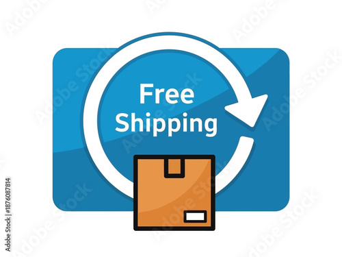 Vibrant graphic icon illustrating a free shipping offer with a package and circular arrow, perfect for e-commerce websites and promotional materials
