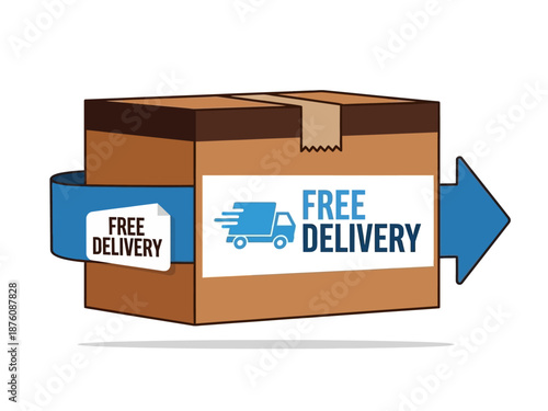 Secure and swift package delivery service with complimentary shipping, featuring a convenient cardboard box moving along an arrow