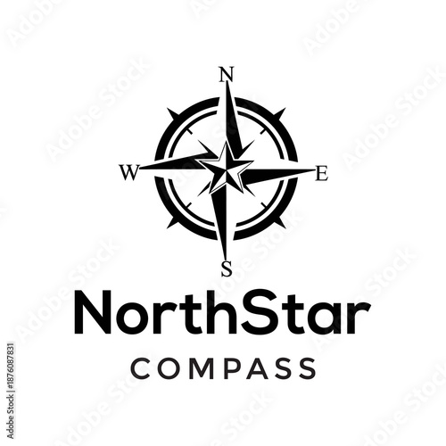Modern compass rose with prominent North Star for travel exploration navigation guidance logo design